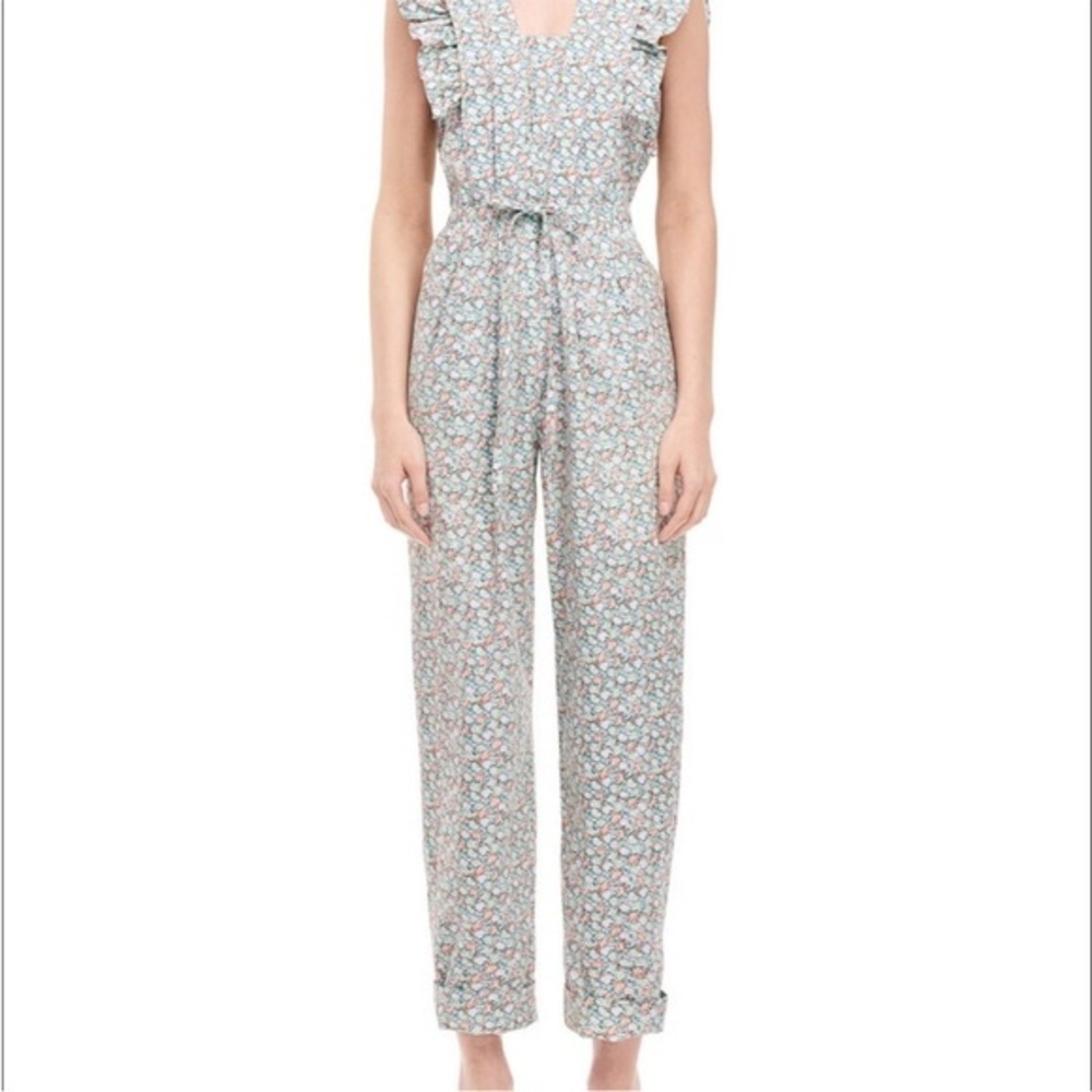 La vie, Rebecca Taylor Adelie green and salmon floral ruffle shoulder jumpsuit S